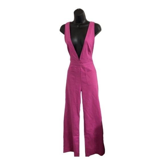 Sincerely Jules pink‎ khaki plunge front overalls jumper size small new - Picture 1 of 16